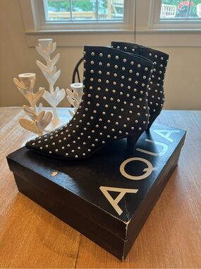 Aqua Black Leather Studded Pointed Ankle Booties 7